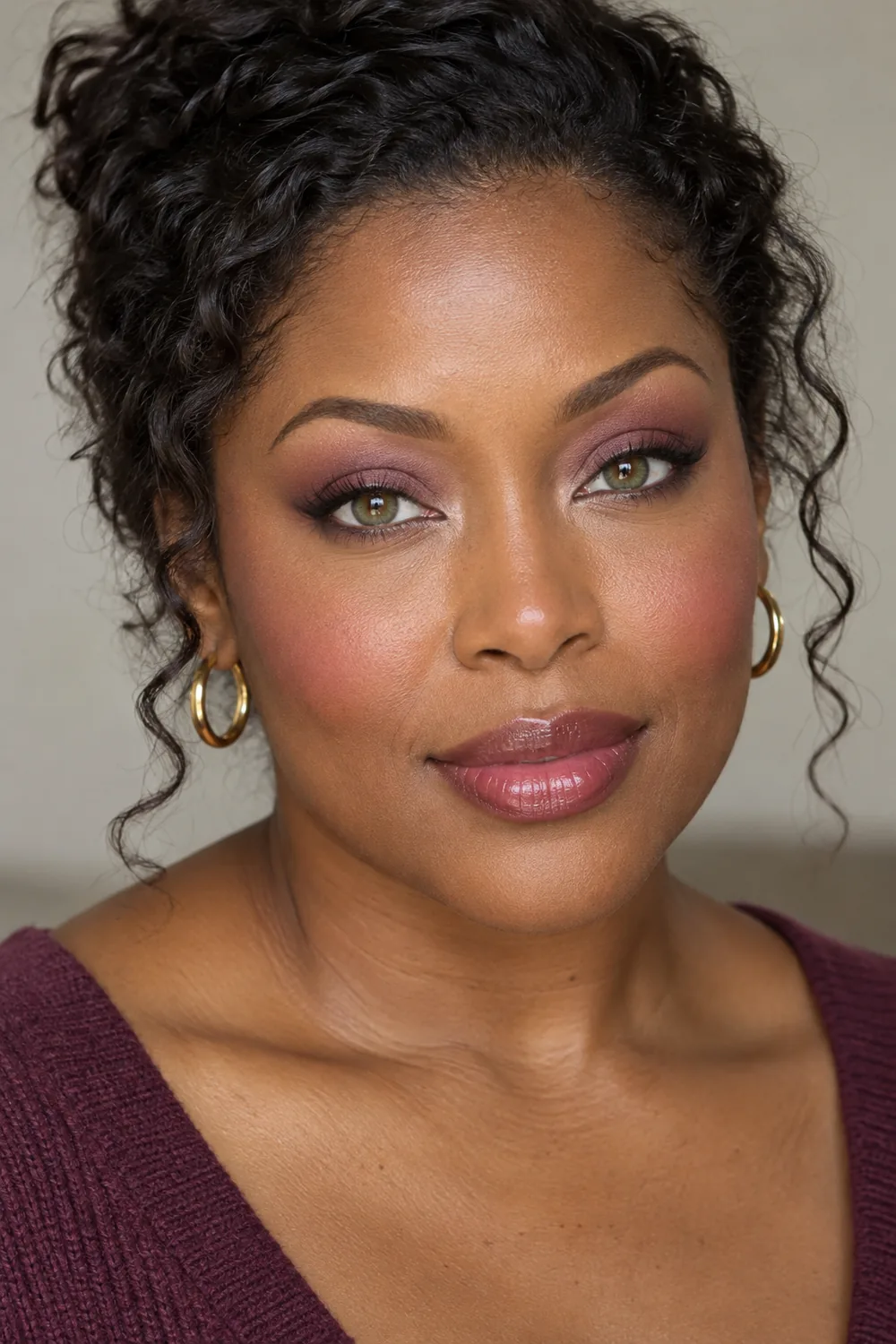 Fictional adult Black woman with green eyes wearing dusty mauve shadow, softly smudged plum liner, cool rose blush, and a berry-toned glossy lip.
