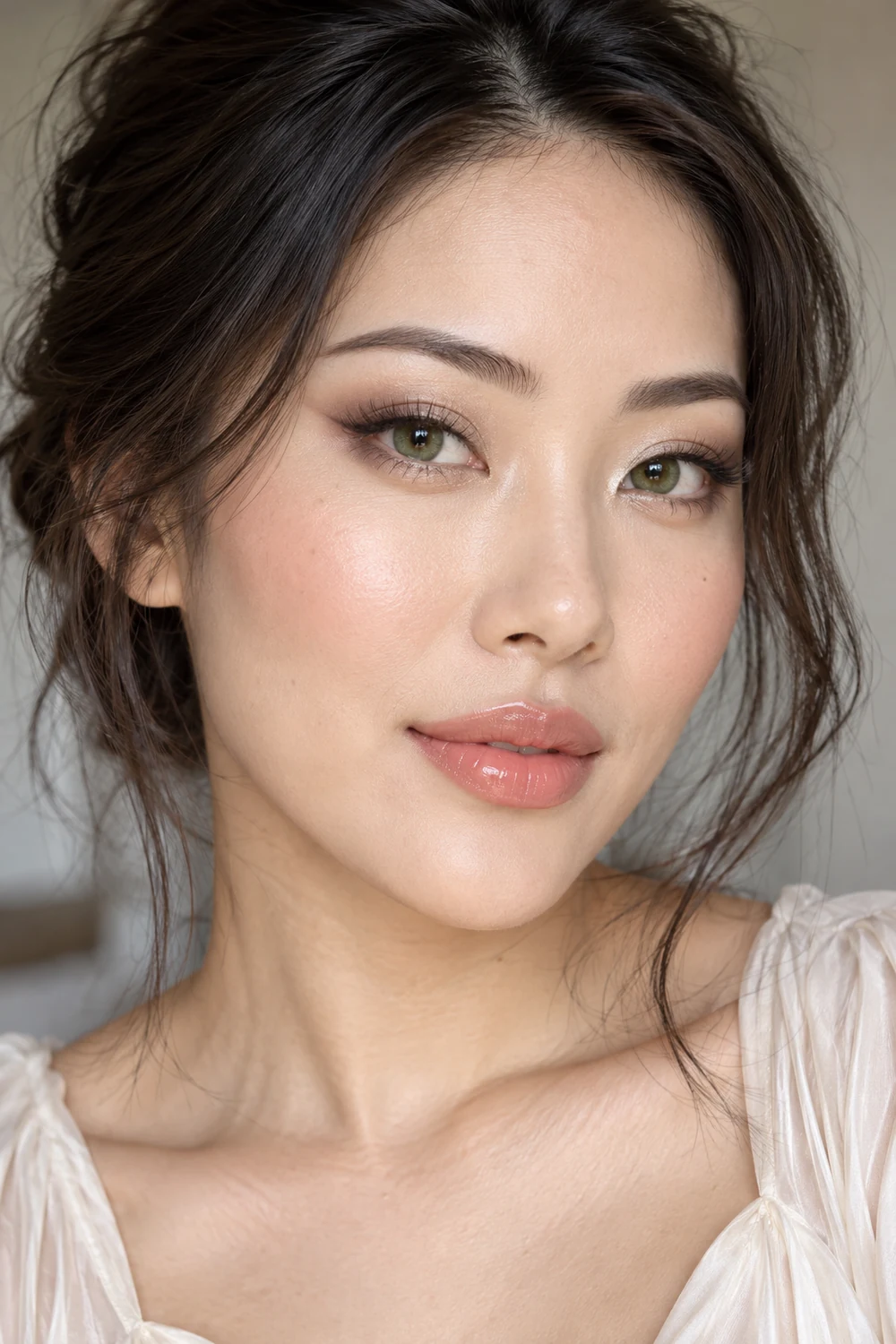 Close portrait of an adult East Asian woman with green eyes, champagne inner-corner shimmer, taupe crease, brown flick eyeliner, pink-beige blush, and glossy peach-pink lips.