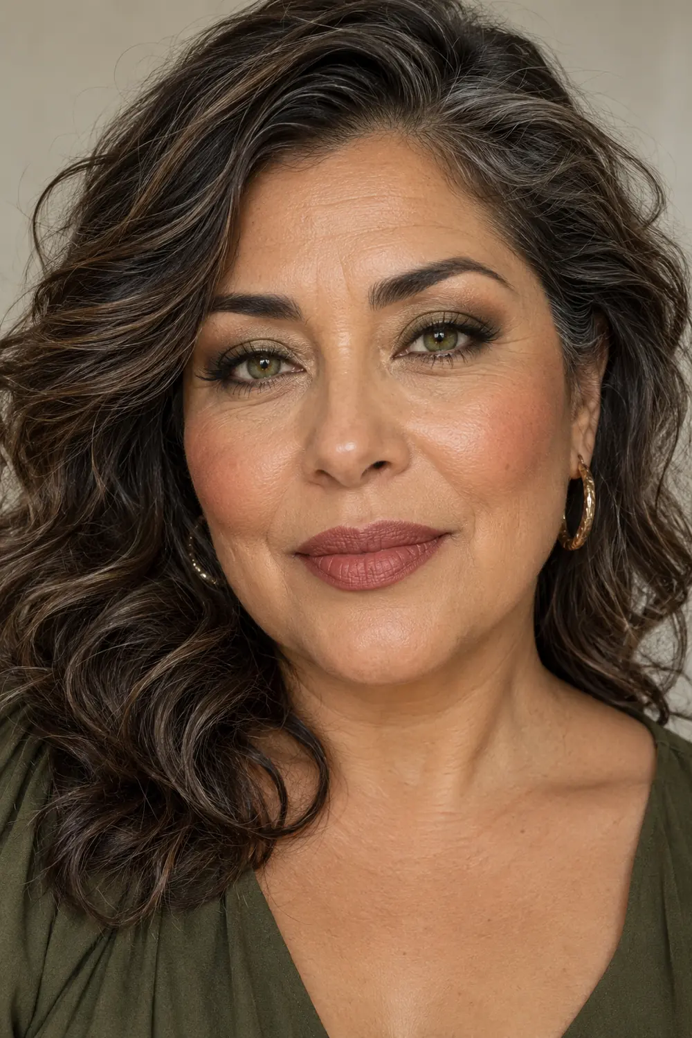 Mature woman with green eyes wearing muted olive and beige eyeshadow, close black-brown liner, terracotta blush, and matte cinnamon-rose lipstick.