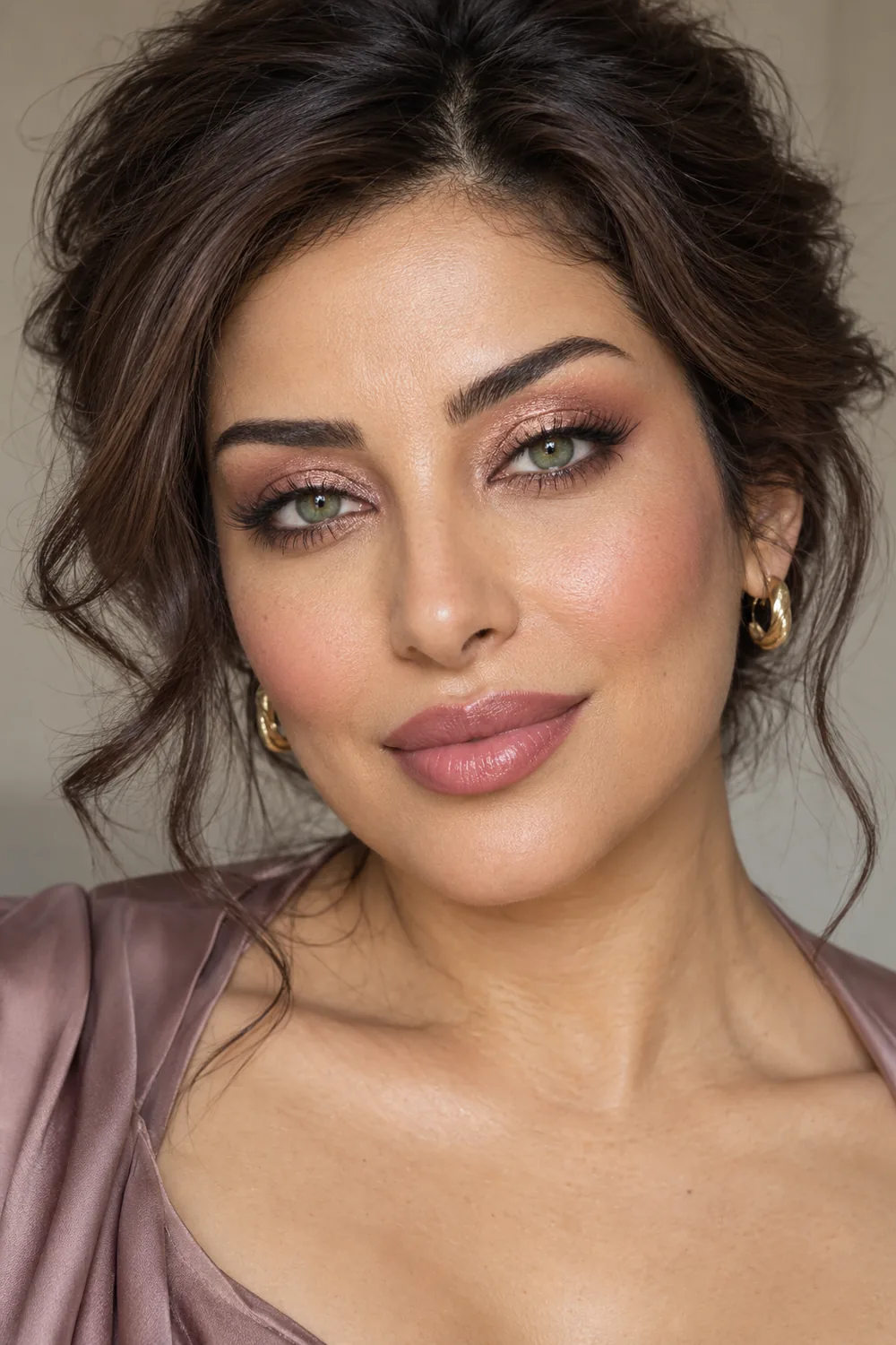 Fictional adult Middle Eastern woman with green irises, center-focused rose-gold halo shadow, softly blurred charcoal-brown liner, high dusty pink blush, and mauve-rose lipstick.