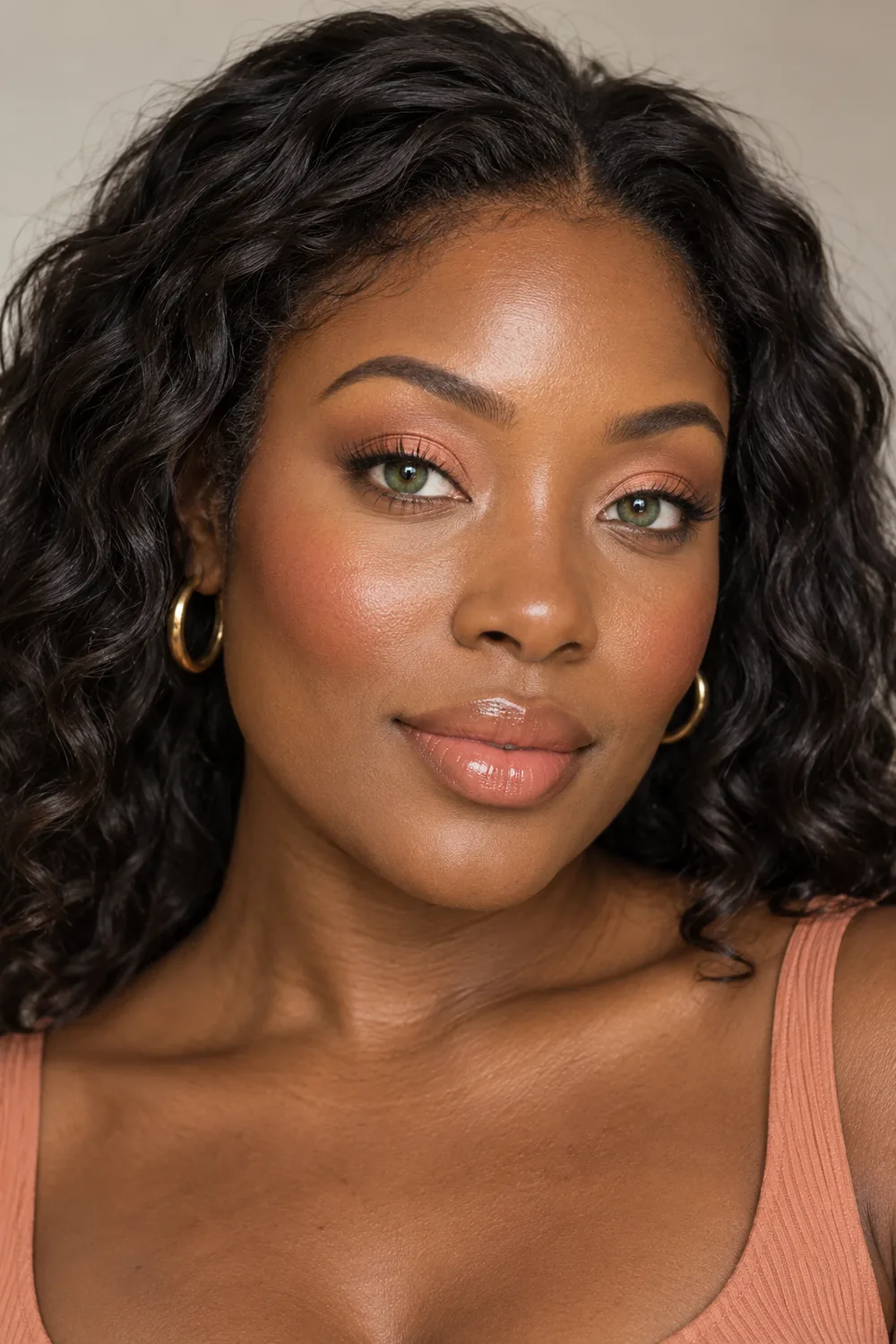 Fictional adult Black woman with green irises wearing rounded peach shadow, softly smudged brown liner, apricot cheek blush, and peach gloss.