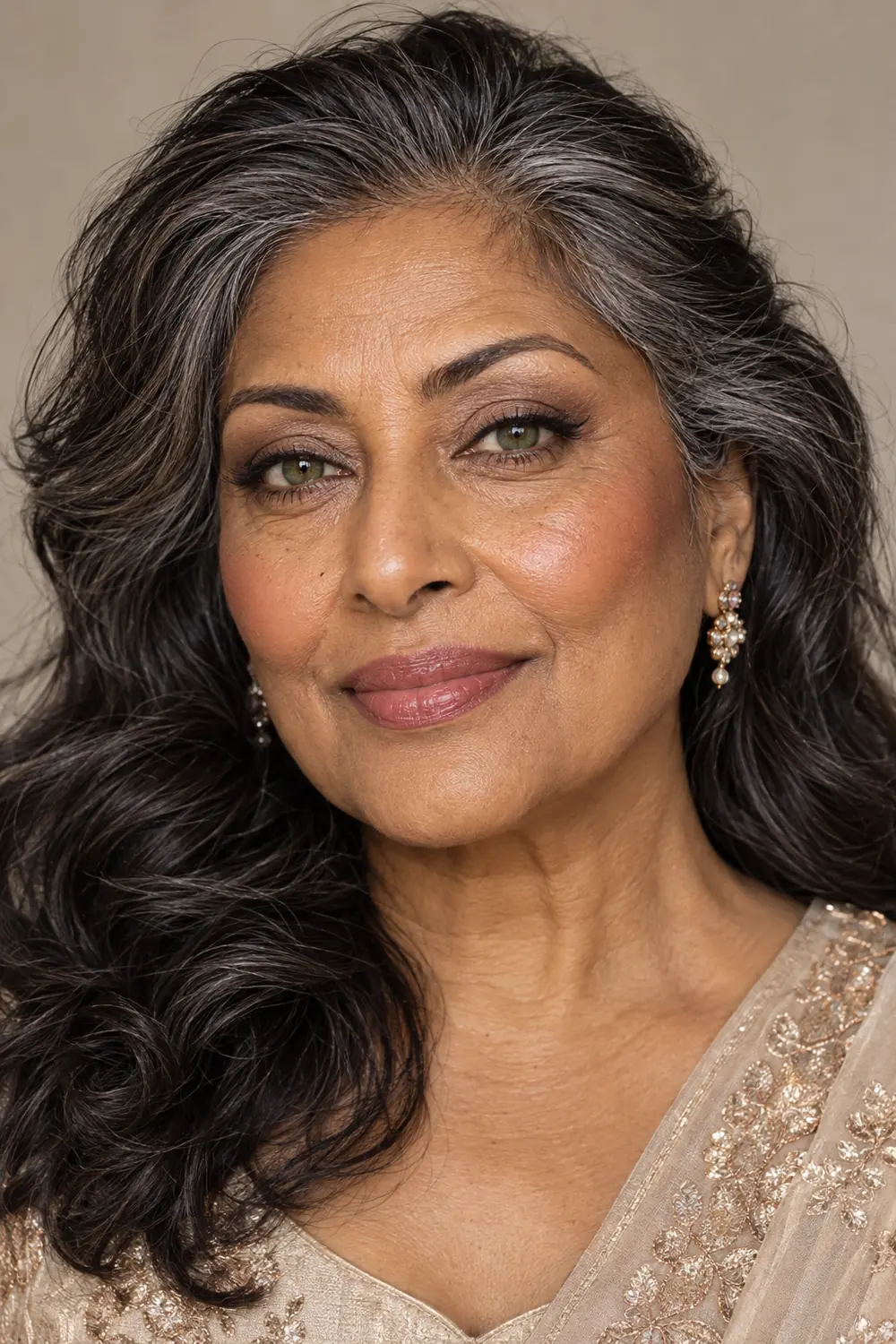 Portrait of a mature South Asian woman with green eyes, a soft taupe crease, pale satin lids, charcoal-brown outer flick, rose blush, and muted pink-beige lipstick.