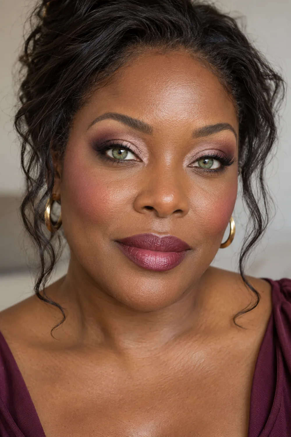 Fictional adult Black woman with green eyes, upward-swept berry outer-corner shadow, luminous pink-beige inner lids, diffused brown liner, cool pink blush, and berry satin lipstick.