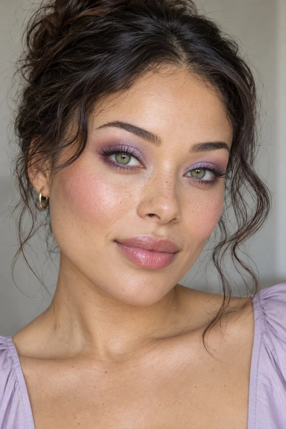 Fictional adult woman with green irises wearing lilac lid shadow, plum along the upper lashline, high sheer pink blush, and glossy pale rose balm.