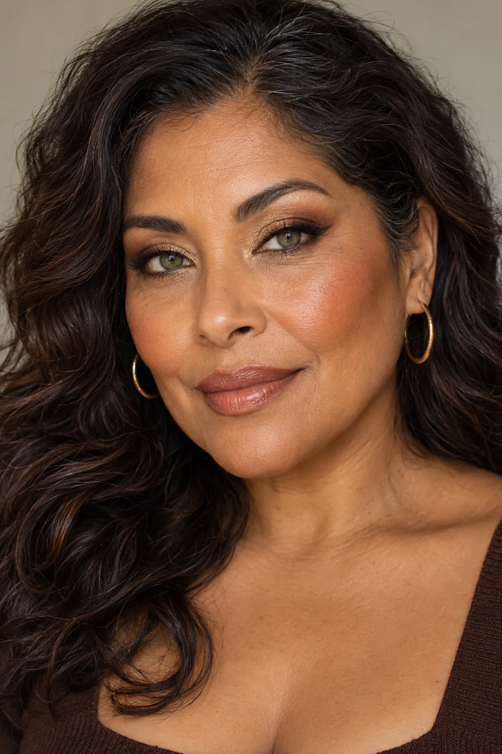 Fictional adult woman with green eyes, antique-gold inner-lid shimmer fading into cocoa shadow, softly rounded brown liner, cinnamon blush, and warm nude satin lipstick.