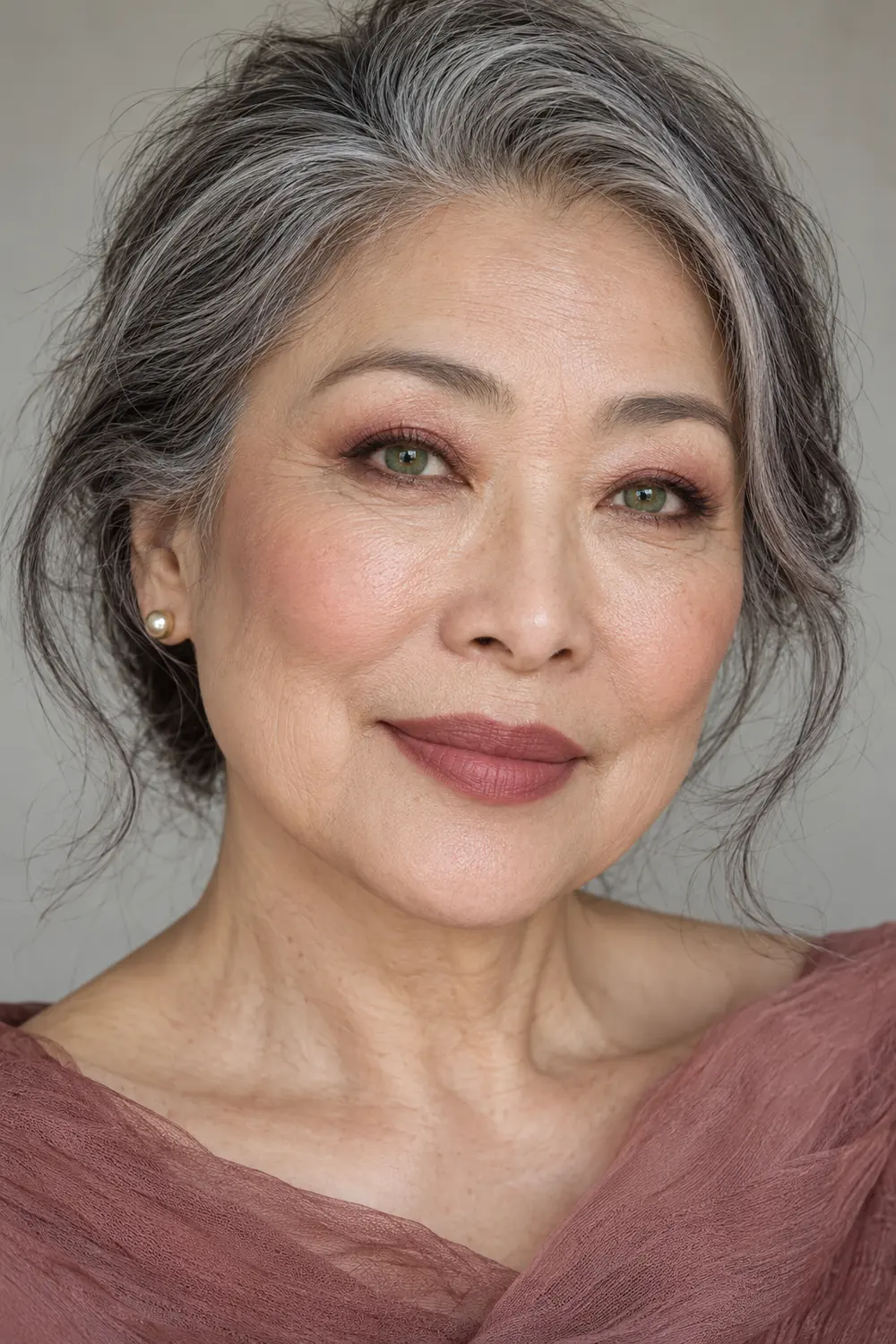 Mature East Asian woman with green irises, soft rosewood eye makeup, smudged brown liner, peach blush, and matte rosewood lipstick.