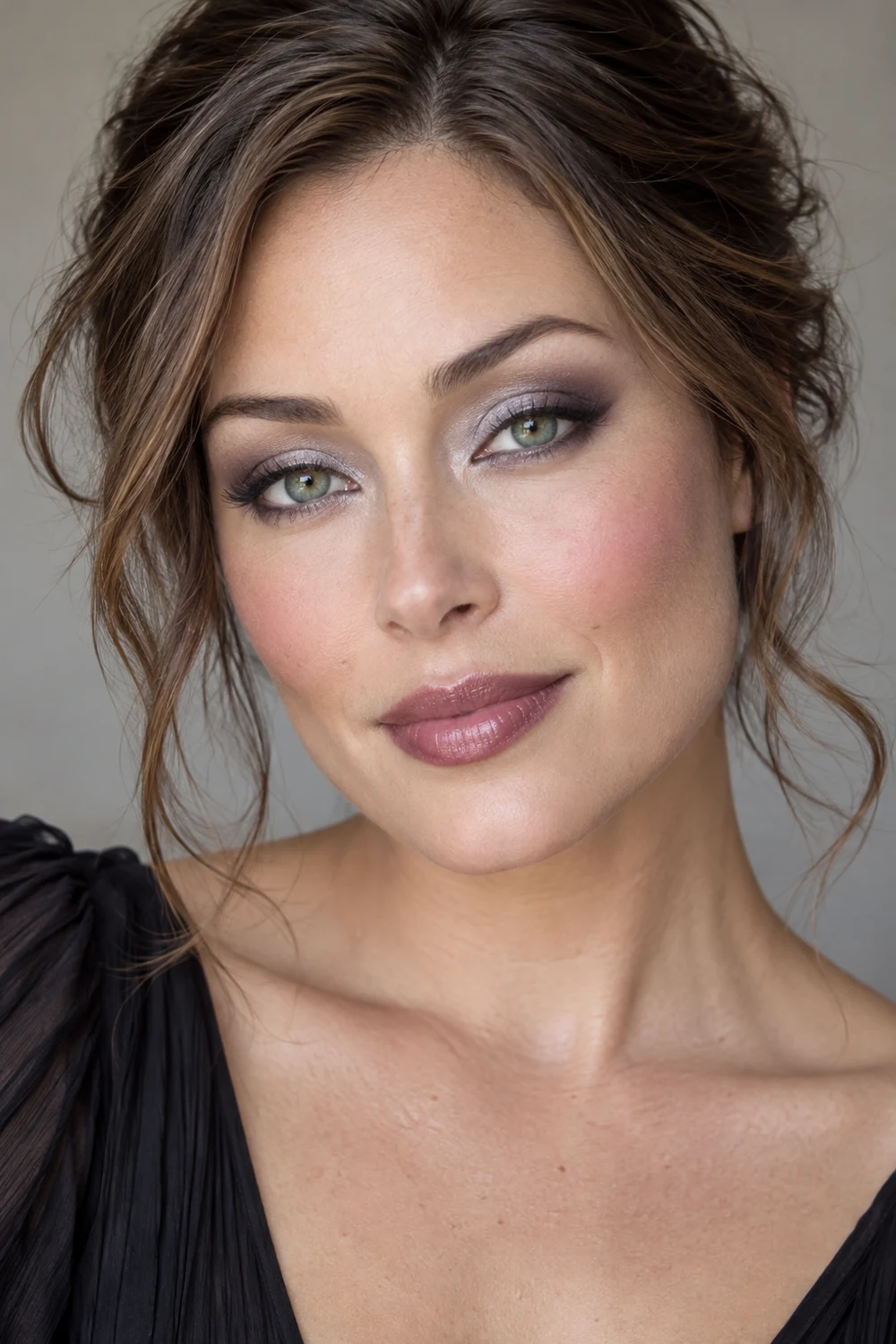 Close beauty portrait of an adult woman with green eyes, pewter-silver eyeshadow, charcoal outer corners, fine dark liner, pink-mauve blush, and a sheer plum lip.