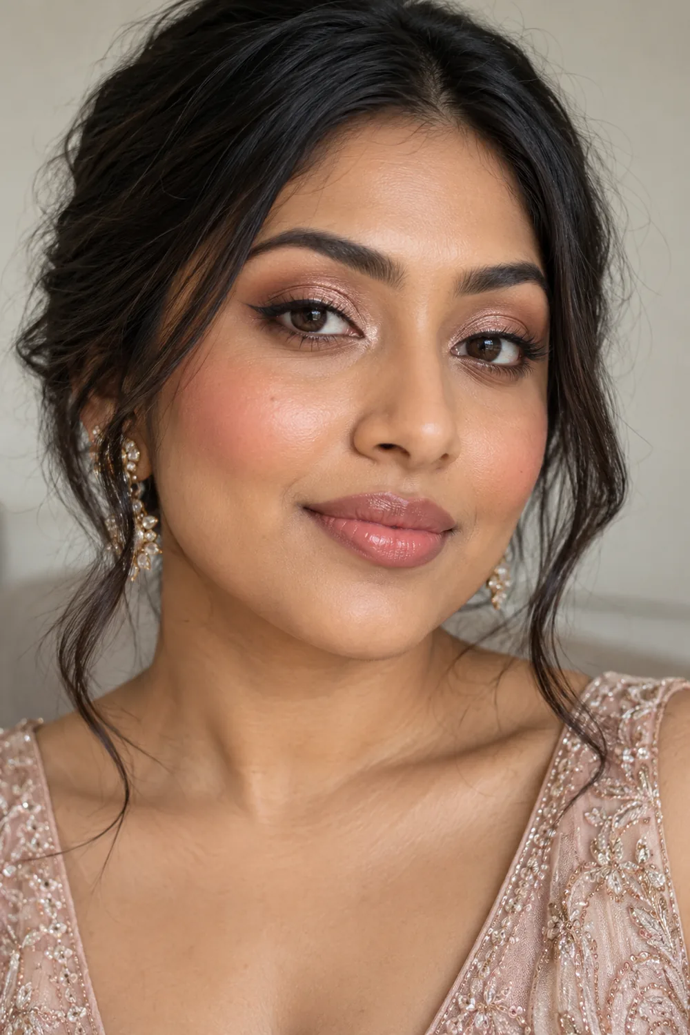 Head-and-shoulders portrait of an adult South Asian woman wearing rose gold lid shimmer, warm taupe crease color, a fine brown wing, high rosy blush, and a satin pink-nude lip.