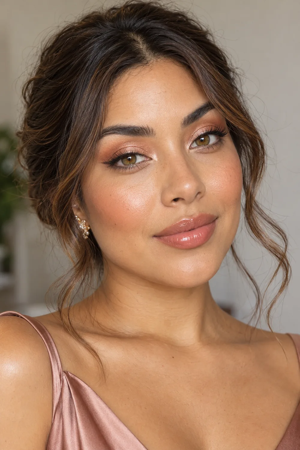 Vertical beauty portrait of an adult woman with hazel eyes, peach halo shadow, a delicate brown wing, apricot blush, and glossy peach-pink lips.