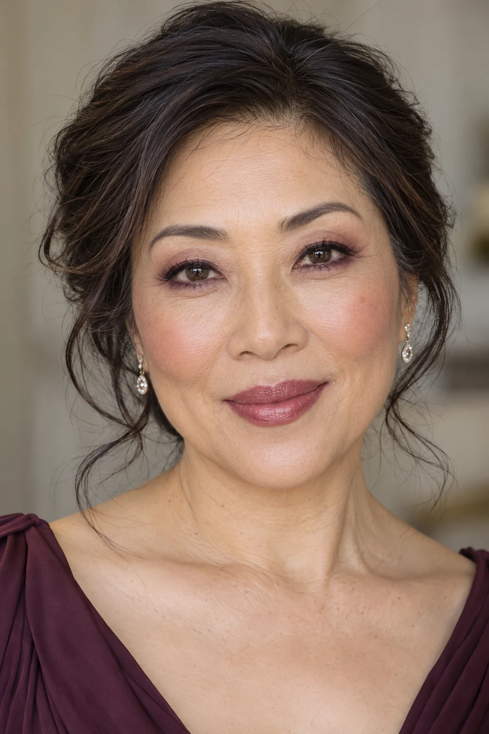 Mature East Asian woman in a plum eye look with lower-lash definition, berry-rose blush, and satin rosewood lipstick.