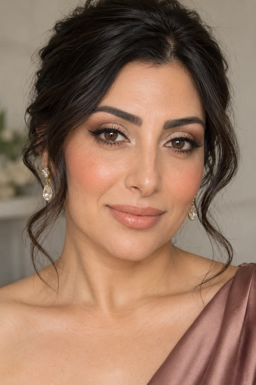 Adult woman with brown crease shadow, champagne inner-lid highlight, lifted black liner, apricot blush, and peach-beige satin lipstick.