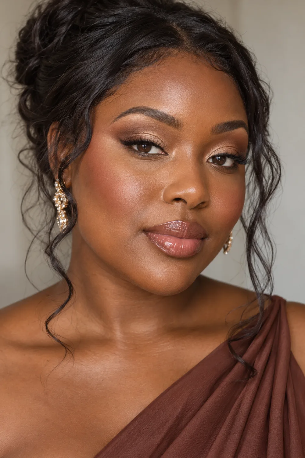 Adult Black woman with a softly structured bronze crease, pale gold satin lids, curved brown wings, cinnamon blush, and warm rose gloss.