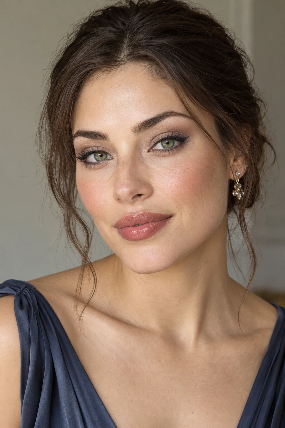 Close portrait of an adult woman with green eyes, taupe eyeshadow, blue-gray winged liner, pink-beige blush, and glossy rosewood lips.