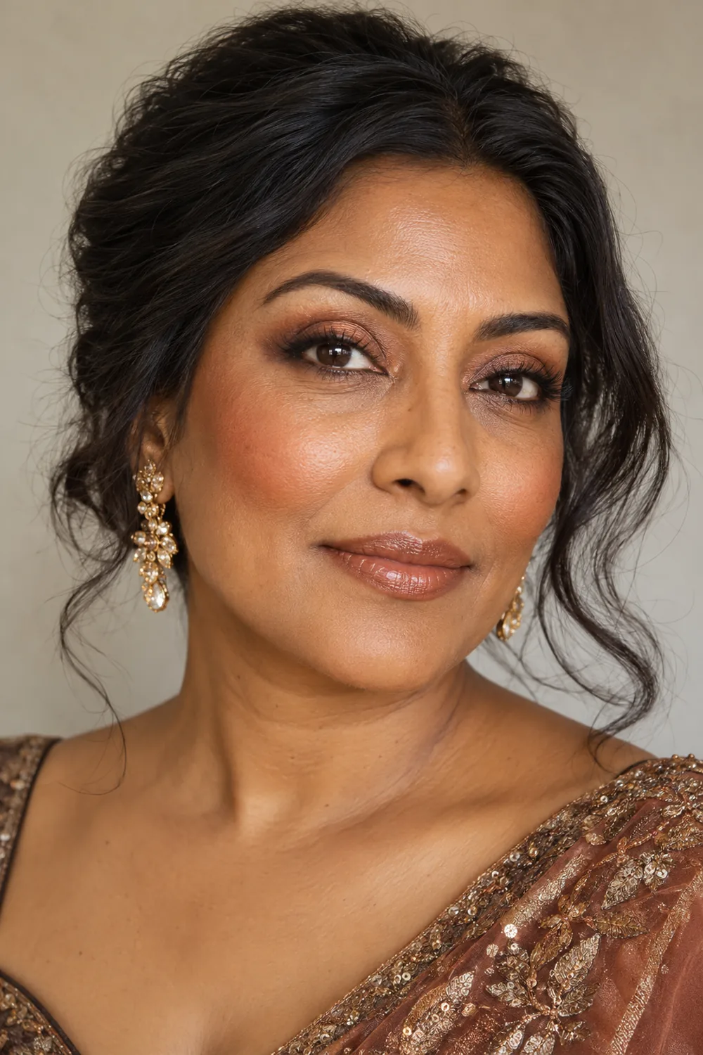 A South Asian woman with dark brown eyes wears copper eyeshadow, softly blurred outer-corner liner, warm brick blush, and a nude-caramel satin lip.
