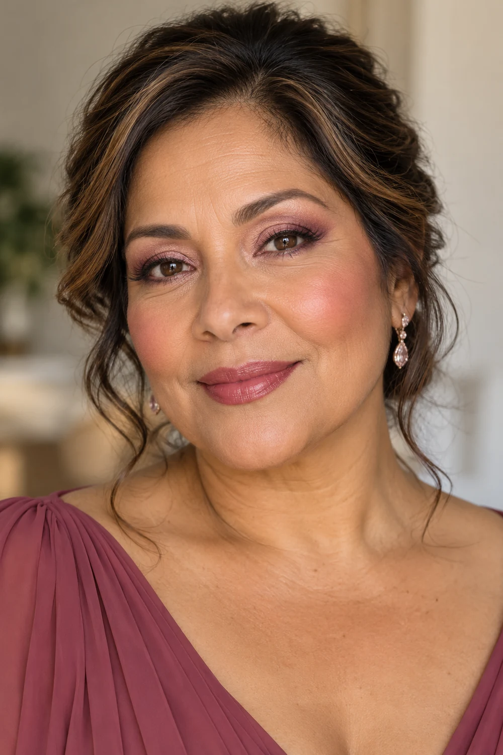 Mature woman with brown eyes wearing dusty rose eyeshadow, fine burgundy liner, rose blush, and a muted berry lip.