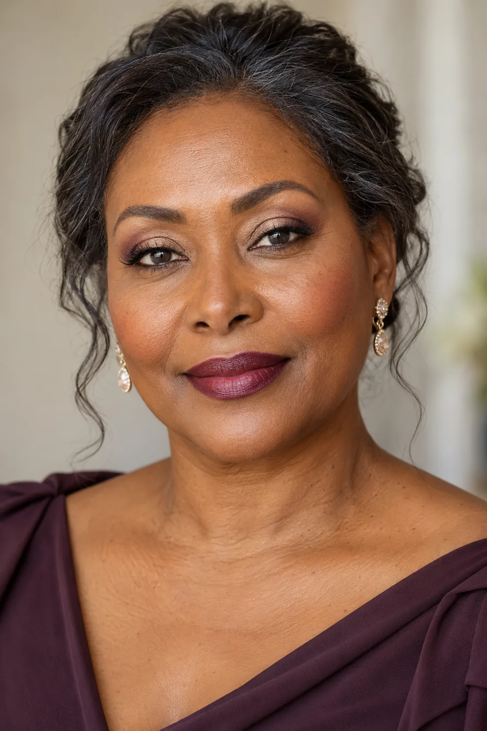 Head-and-shoulders portrait of a mature woman with champagne lid shadow, plum-brown outer crease, brown liner, muted peach blush, and satin berry lips.