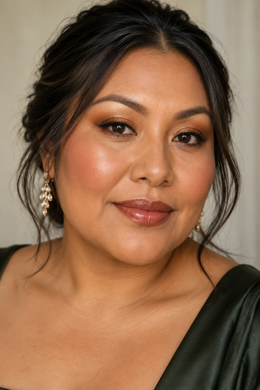 Adult woman with amber lid shadow, golden brow-bone sheen, upward-curved brown liner, warm rose blush, and glossy caramel-rose lips.